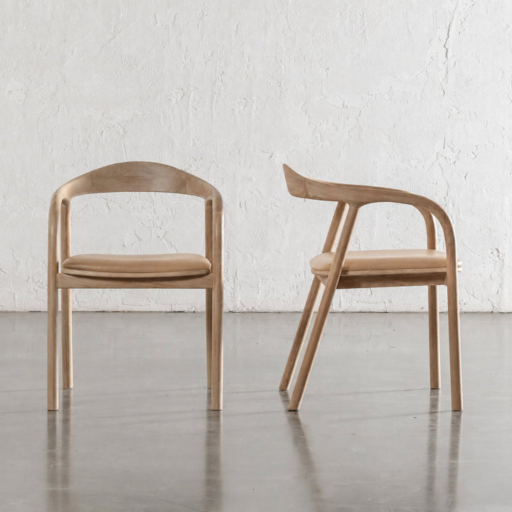 CASONI ROUNDED PADDED DINING CHAIR  |  SMOKE HAZE WASH TEAK + LIGHT TAUPE LEATHER