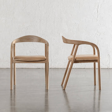 CASONI ROUNDED PADDED DINING CHAIR  |  SMOKE HAZE WASH TEAK + LIGHT TAUPE LEATHER