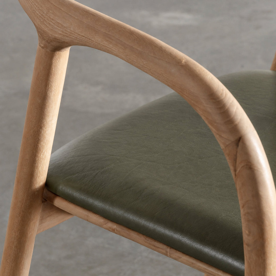 CASONI ROUNDED PADDED DINING CHAIR  |  SMOKE HAZE WASH TEAK + OLIVE LEAF LEATHER