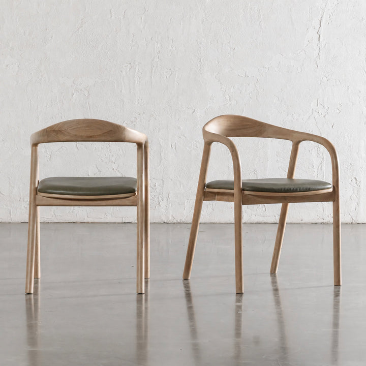 CASONI ROUNDED PADDED DINING CHAIR  |  SMOKE HAZE WASH TEAK + OLIVE LEAF LEATHER