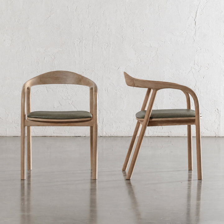 CASONI ROUNDED PADDED DINING CHAIR  |  SMOKE HAZE WASH TEAK + OLIVE LEAF LEATHER