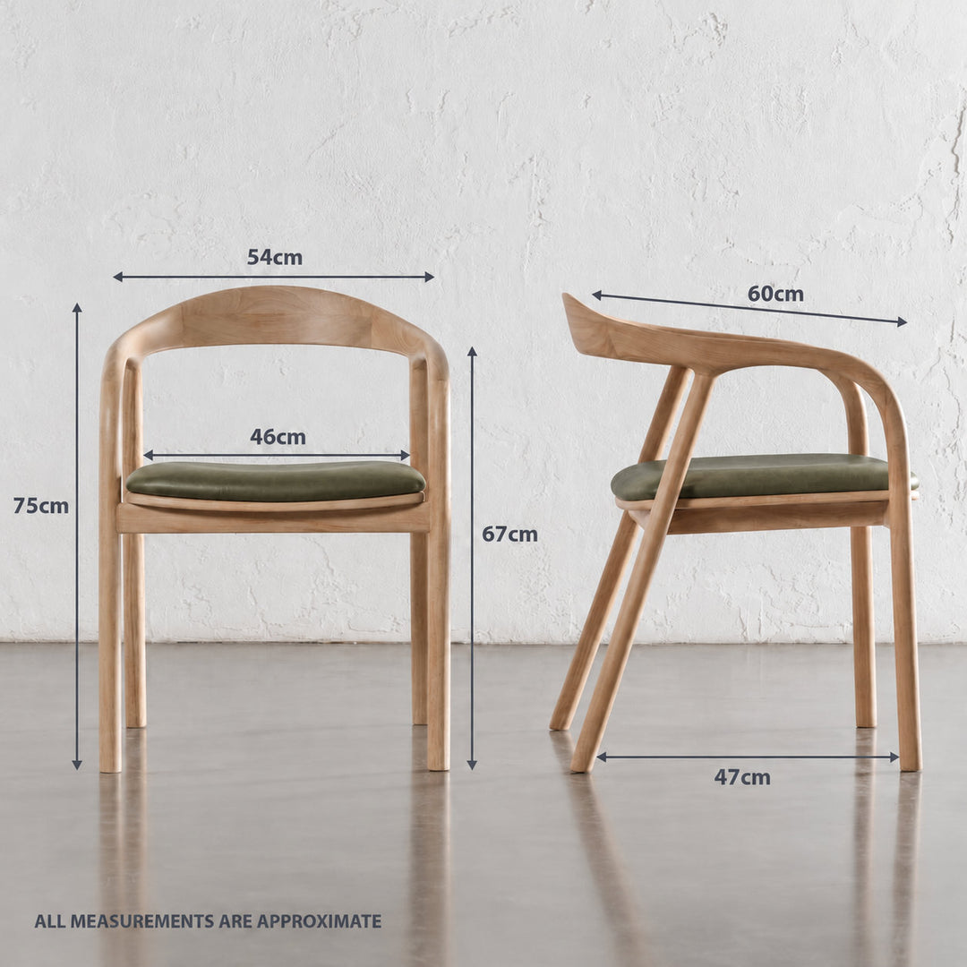 CASONI ROUNDED PADDED DINING CHAIR  |  SMOKE HAZE WASH TEAK + OLIVE LEAF LEATHER