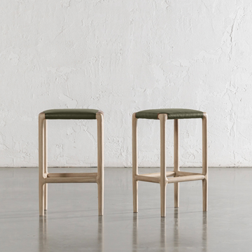CASONI SQUARE PADDED COUNTER STOOL  |  BUNDLE + SAVE  |   SMOKE HAZE WASH TEAK + OLIVE LEAF LEATHER