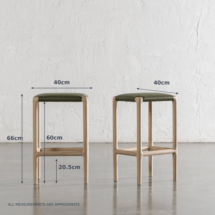 CASONI SQUARE PADDED COUNTER STOOL  |  BUNDLE + SAVE  |   SMOKE HAZE WASH TEAK + OLIVE LEAF LEATHER