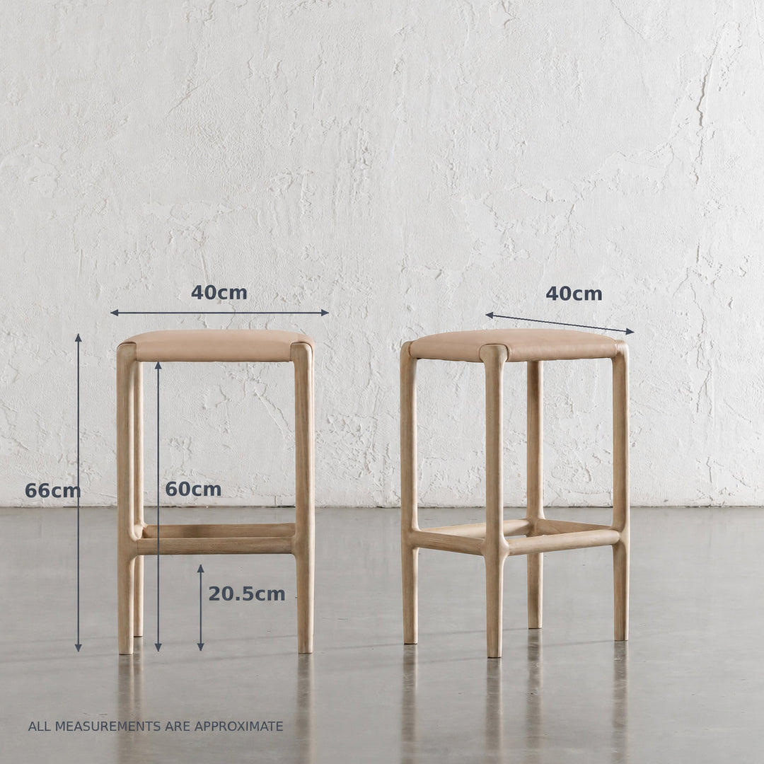 CASONI SQUARE PADDED COUNTER STOOL  |  SMOKE HAZE WASH TEAK + LIGHT TAUPE LEATHER