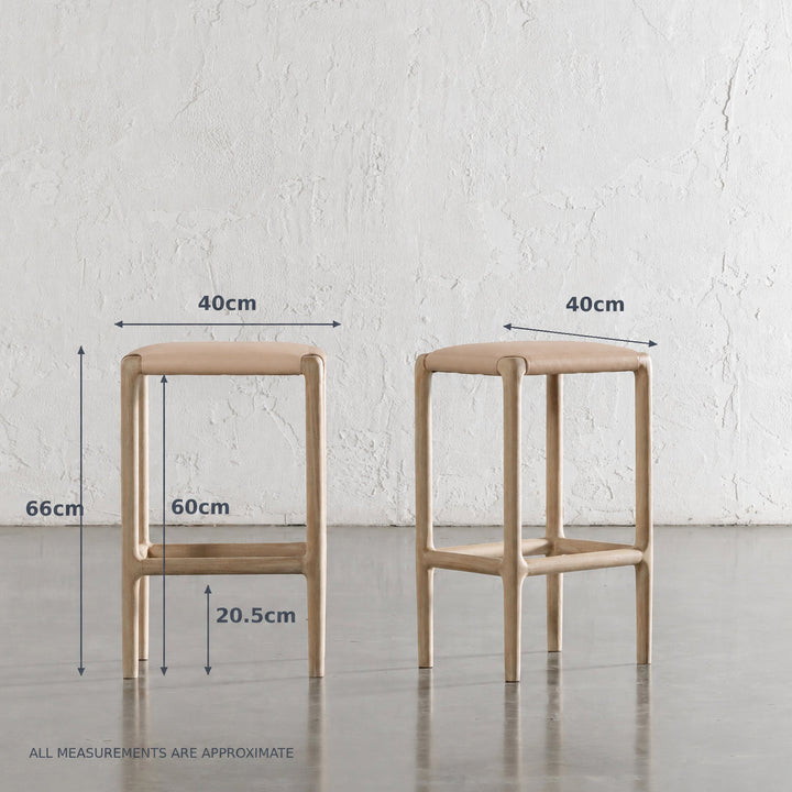 CASONI SQUARE PADDED COUNTER STOOL  |  SMOKE HAZE WASH TEAK + LIGHT TAUPE LEATHER
