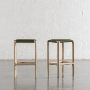 CASONI SQUARE PADDED COUNTER STOOL  |  SMOKE HAZE WASH TEAK + OLIVE LEAF LEATHER