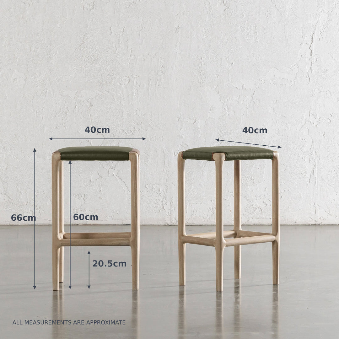 CASONI SQUARE PADDED COUNTER STOOL  |  SMOKE HAZE WASH TEAK + OLIVE LEAF LEATHER