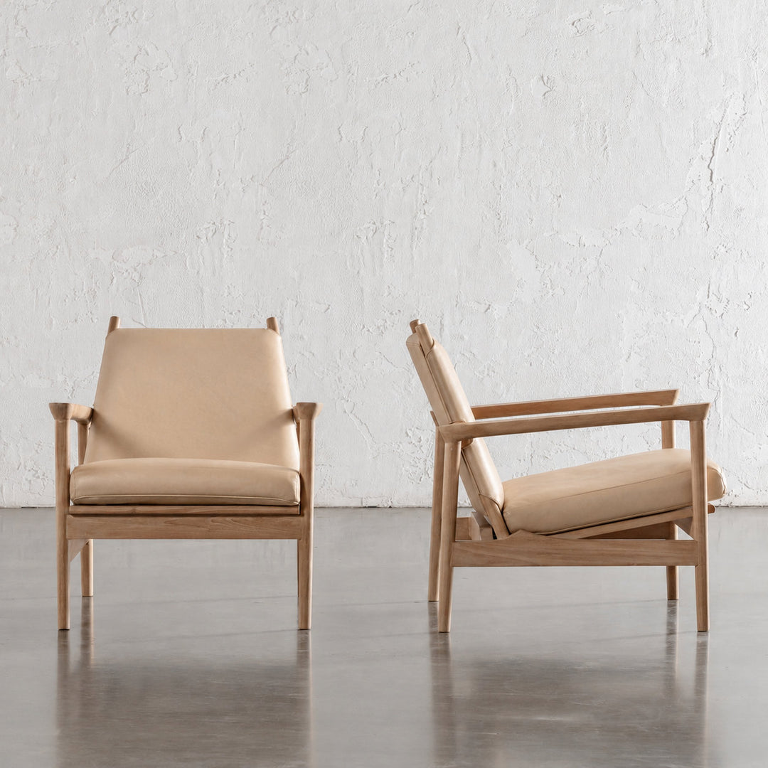 CASONI VINCENZA PADDED ARMCHAIR  |  SMOKE HAZE WASH TEAK + LIGHT TAUPE LEATHER