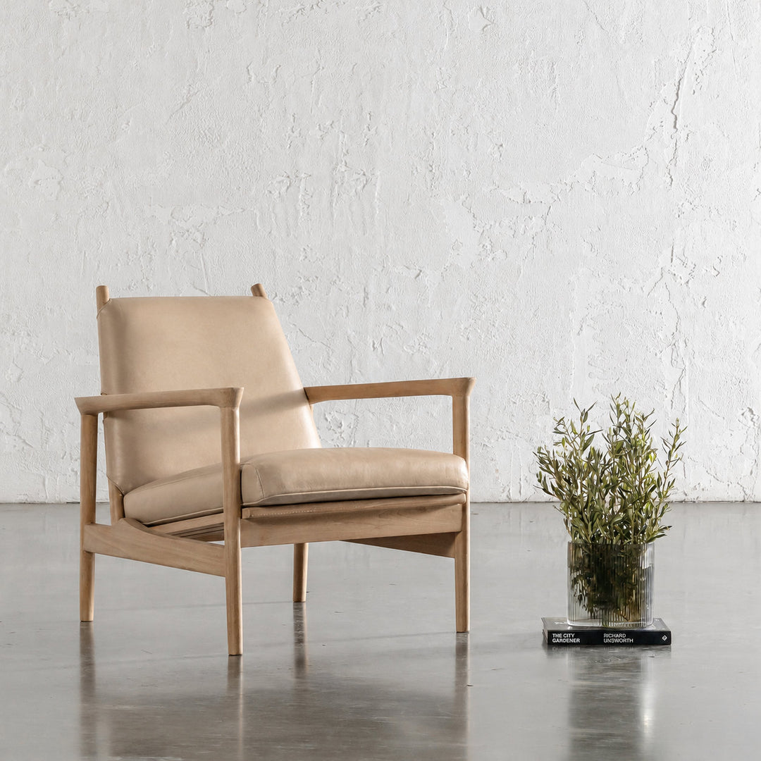 CASONI VINCENZA PADDED ARMCHAIR  |  SMOKE HAZE WASH TEAK + LIGHT TAUPE LEATHER