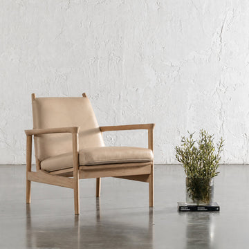 CASONI VINCENZA PADDED ARMCHAIR  |  SMOKE HAZE WASH TEAK + LIGHT TAUPE LEATHER