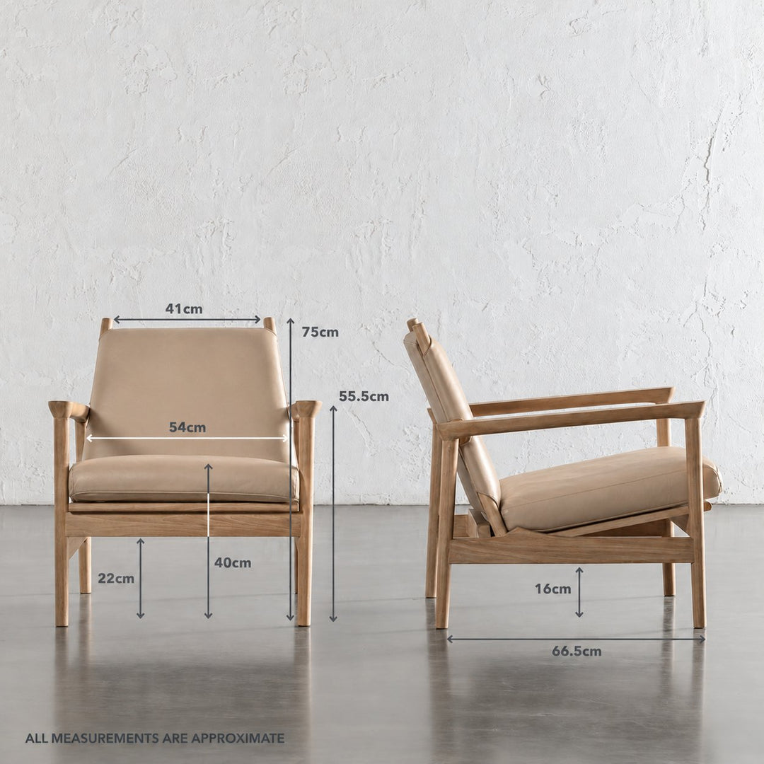 CASONI VINCENZA PADDED ARMCHAIR  |  SMOKE HAZE WASH TEAK + LIGHT TAUPE LEATHER