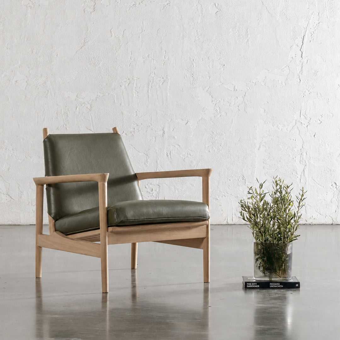 CASONI VINCENZA PADDED ARMCHAIR  |  SMOKE HAZE WASH TEAK + OLIVE LEAF LEATHER