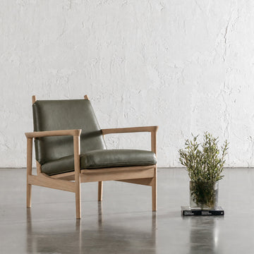 CASONI VINCENZA PADDED ARMCHAIR  |  SMOKE HAZE WASH TEAK + OLIVE LEAF LEATHER