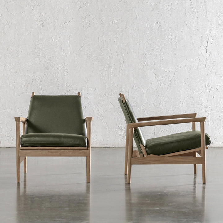 CASONI VINCENZA PADDED ARMCHAIR  |  SMOKE HAZE WASH TEAK + OLIVE LEAF LEATHER