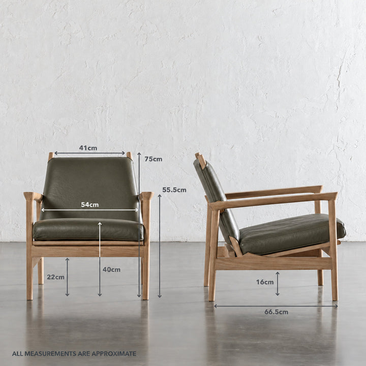 CASONI VINCENZA PADDED ARMCHAIR  |  SMOKE HAZE WASH TEAK + OLIVE LEAF LEATHER