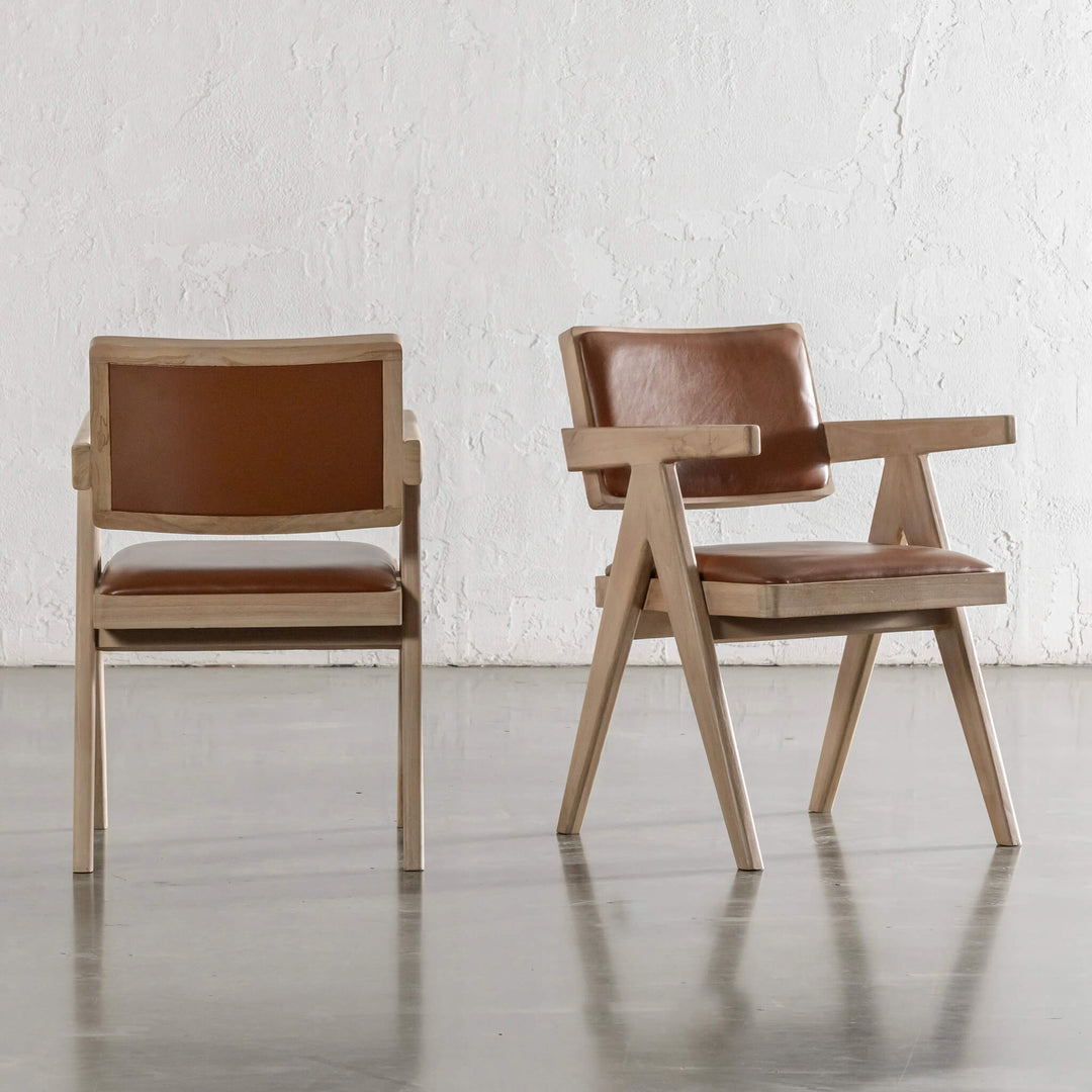 CASONI ARMED PADDED DINING CHAIR  |  SMOKE HAZE WASH TEAK + COCOA TAN LEATHER