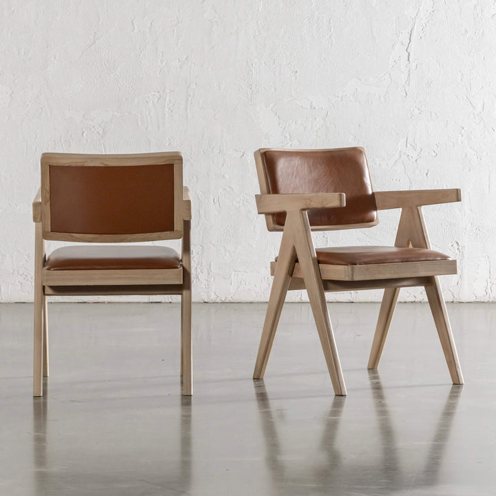 CASONI ARMED PADDED DINING CHAIR  |  SMOKE HAZE WASH TEAK + COCOA TAN LEATHER