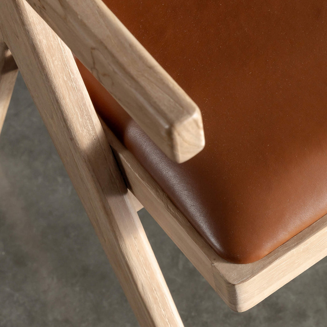 CASONI ARMED PADDED DINING CHAIR  |  SMOKE HAZE WASH TEAK + COCOA TAN LEATHER
