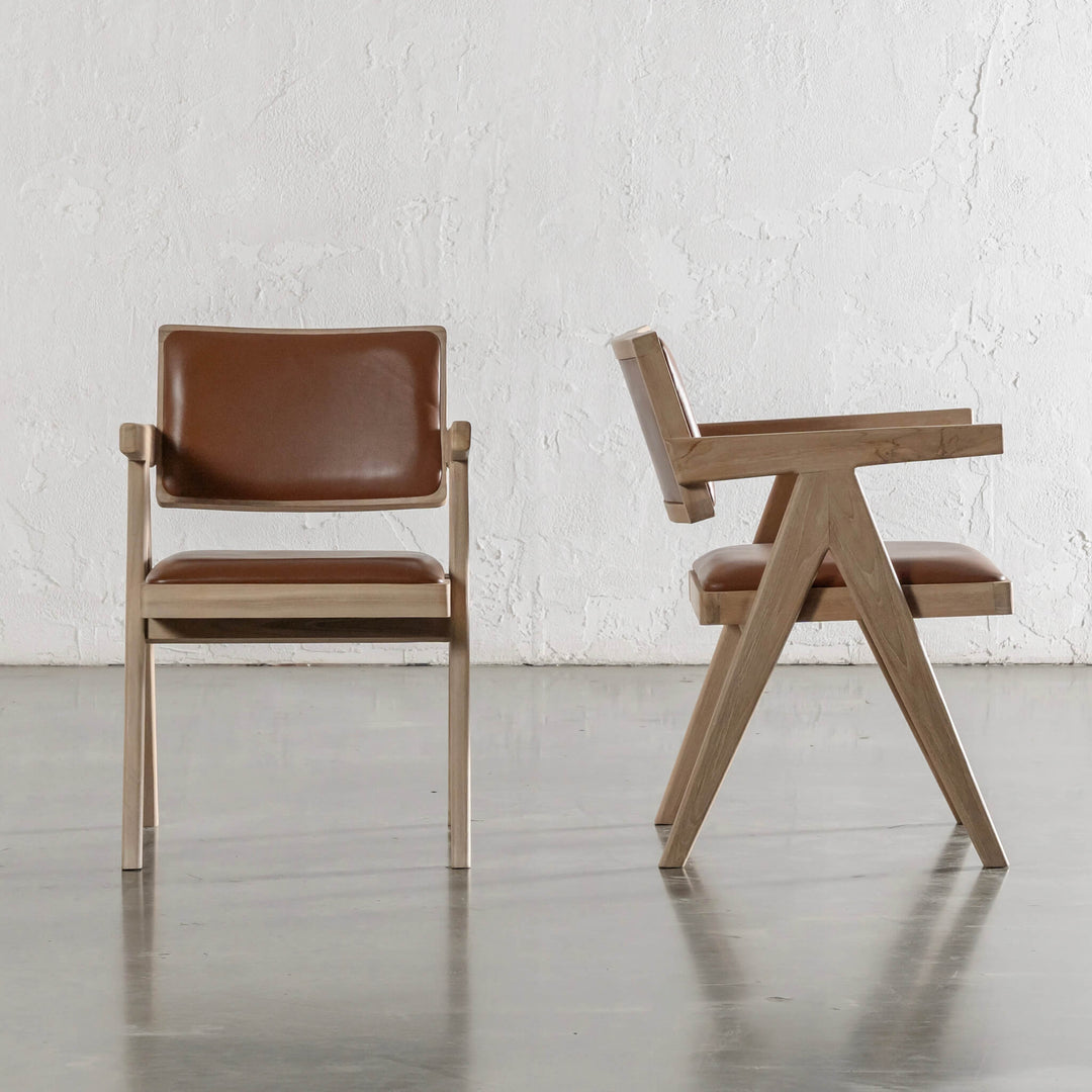 CASONI ARMED PADDED DINING CHAIR  |  SMOKE HAZE WASH TEAK + COCOA TAN LEATHER