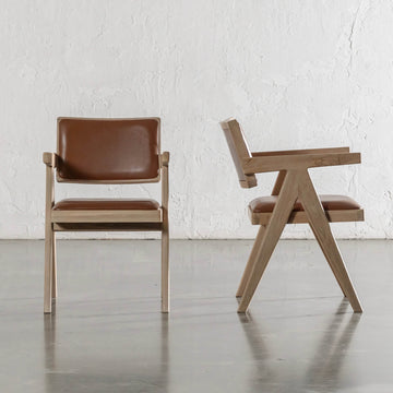 CASONI ARMED PADDED DINING CHAIR  |  SMOKE HAZE WASH TEAK + COCOA TAN LEATHER