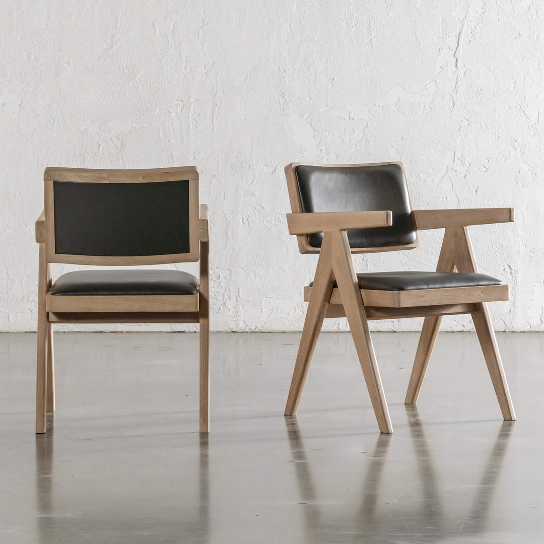 CASONI ARMED PADDED DINING CHAIR  |  SMOKE HAZE WASH TEAK + OLIVE LEAF LEATHER