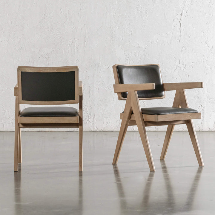 CASONI ARMED PADDED DINING CHAIR  |  SMOKE HAZE WASH TEAK + OLIVE LEAF LEATHER