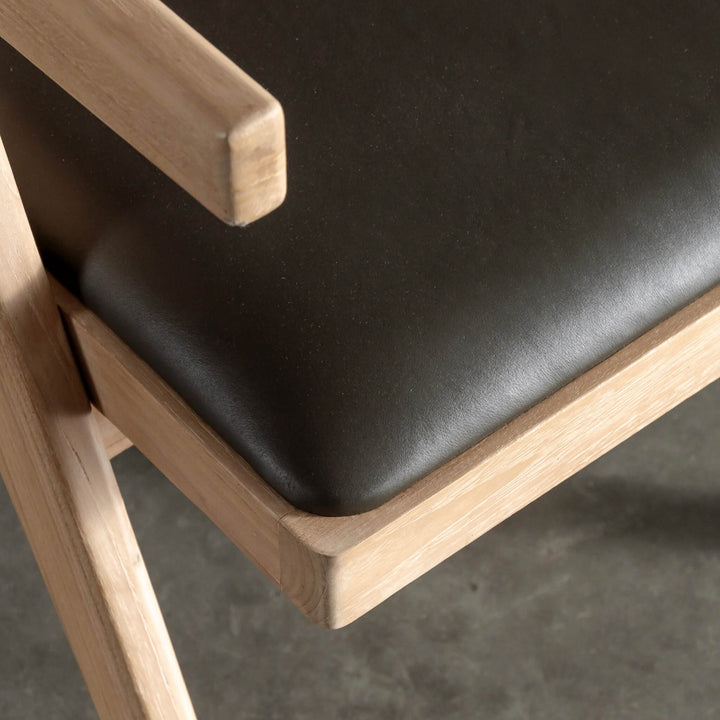 CASONI ARMED PADDED DINING CHAIR  |  SMOKE HAZE WASH TEAK + OLIVE LEAF LEATHER