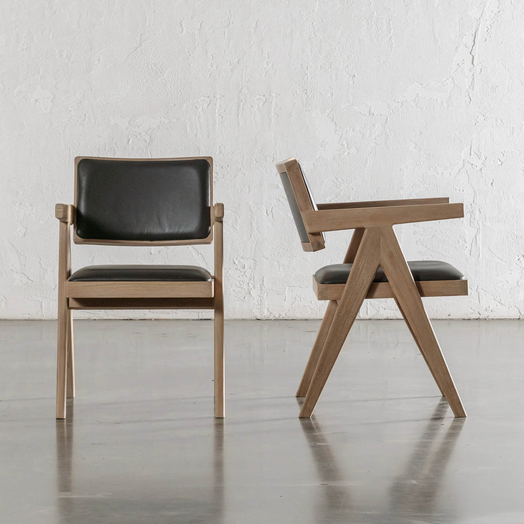 CASONI ARMED PADDED DINING CHAIR  |  SMOKE HAZE WASH TEAK + OLIVE LEAF LEATHER