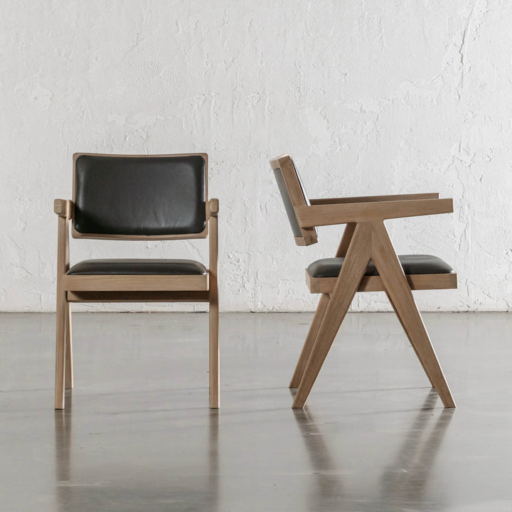 CASONI ARMED PADDED DINING CHAIR  |  SMOKE HAZE WASH TEAK + OLIVE LEAF LEATHER