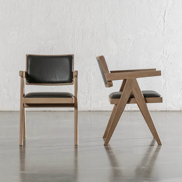 CASONI ARMED PADDED DINING CHAIR  |  SMOKE HAZE WASH TEAK + OLIVE LEAF LEATHER
