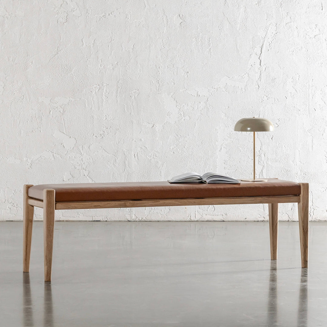 CASONI BENCH SEAT  |  SMOKE HAZE WASH TEAK + COCOA TAN LEATHER