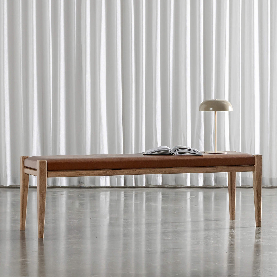 CASONI BENCH SEAT  |  SMOKE HAZE WASH TEAK + COCOA TAN LEATHER