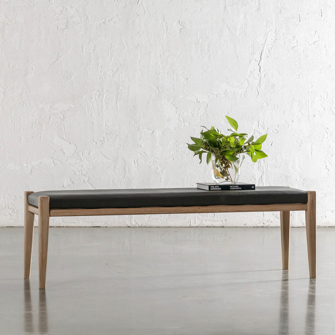 CASONI BENCH SEAT  |  SMOKE HAZE WASH TEAK + OLIVE LEAF LEATHER