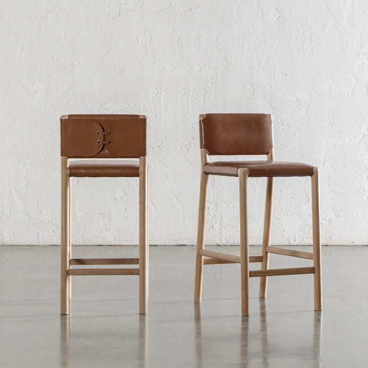 CASONI PADDED BAR CHAIR  |  SMOKE HAZE WASH TEAK + COCOA TAN LEATHER