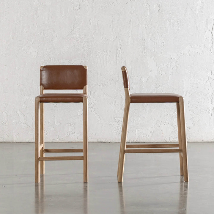CASONI PADDED BAR CHAIR  |  SMOKE HAZE WASH TEAK + COCOA TAN LEATHER