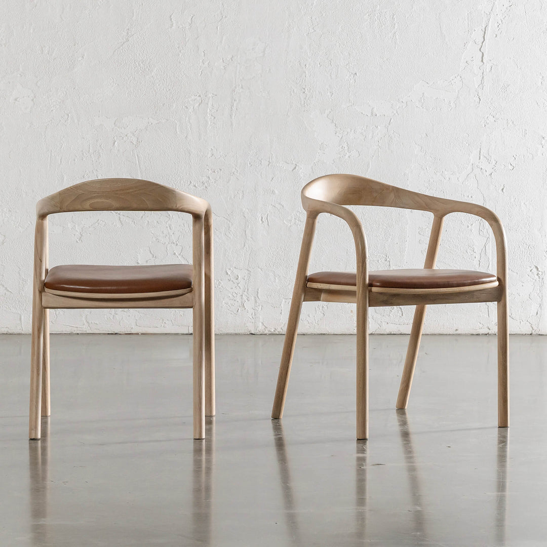 CASONI ROUNDED PADDED DINING CHAIR  |  SMOKE HAZE WASH TEAK + COCOA TAN LEATHER