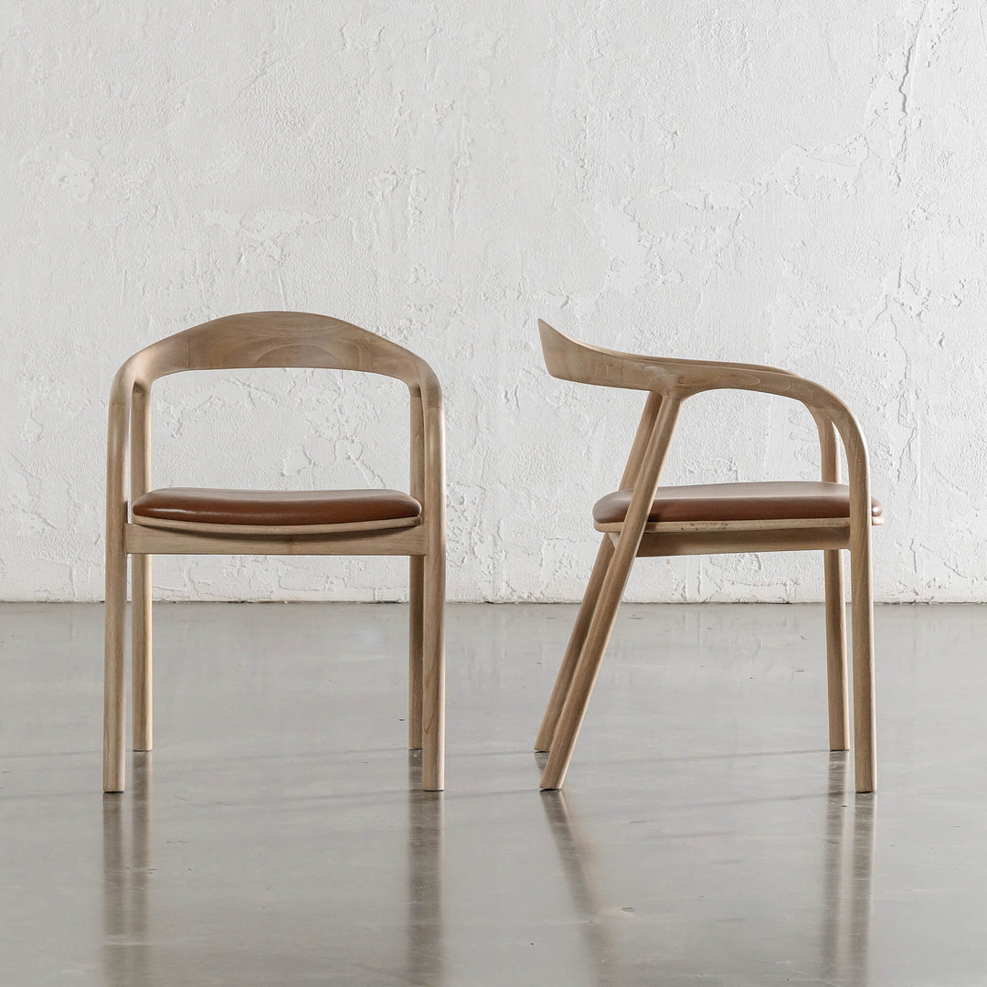 CASONI ROUNDED PADDED DINING CHAIR  |  SMOKE HAZE WASH TEAK + COCOA TAN LEATHER