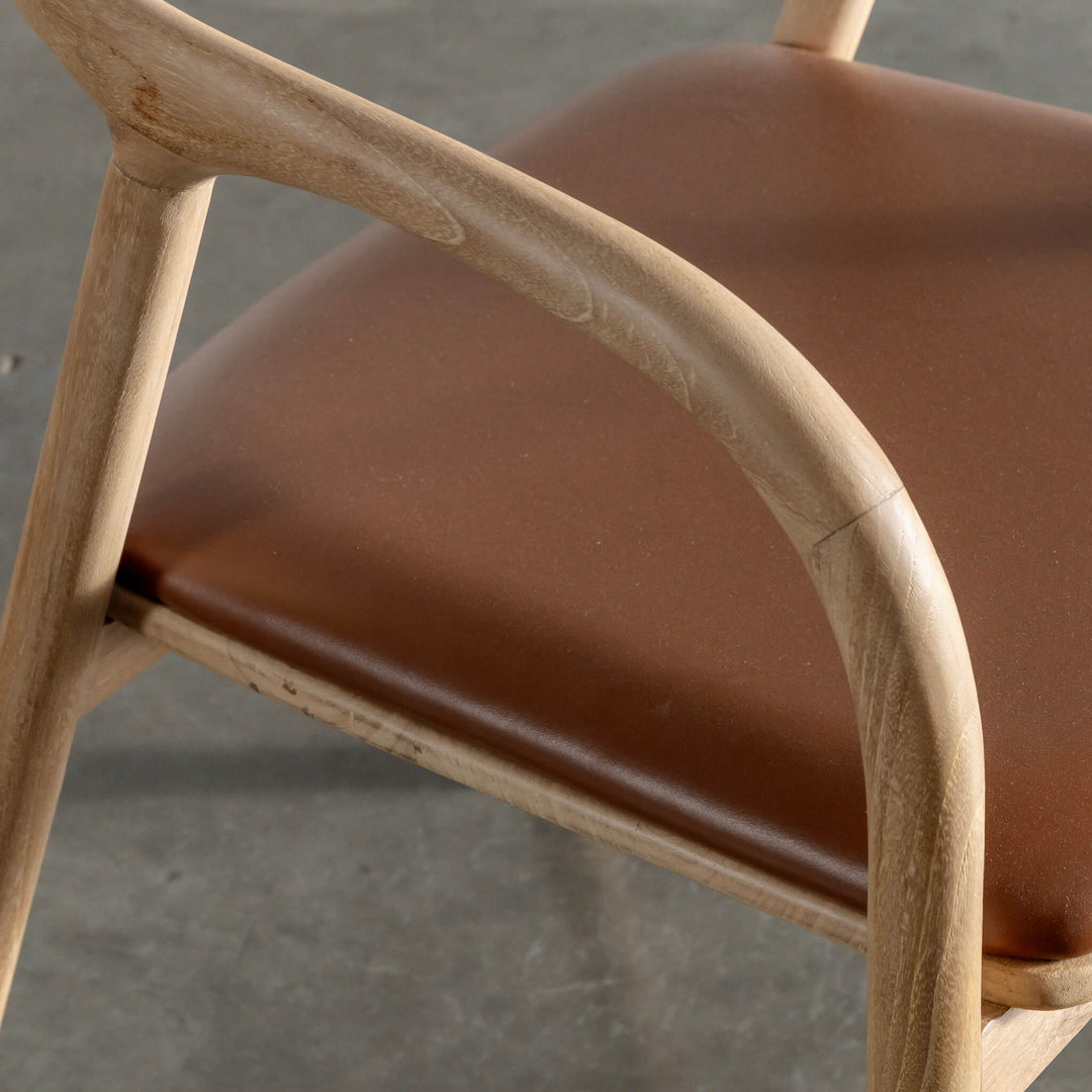 CASONI ROUNDED PADDED DINING CHAIR  |  SMOKE HAZE WASH TEAK + COCOA TAN LEATHER