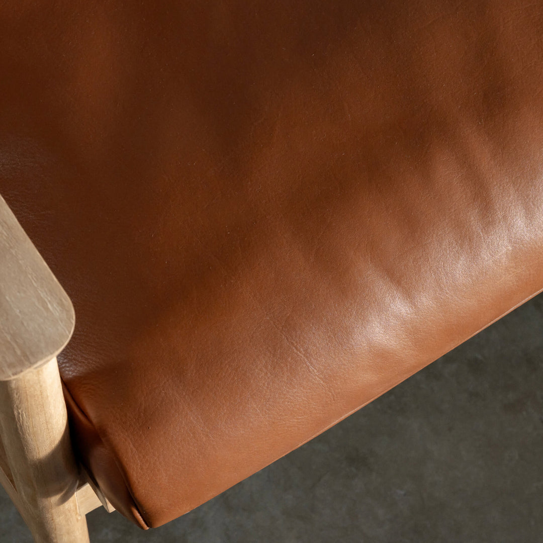 CASONI VINCENZA PADDED ARMCHAIR  |  SMOKE HAZE WASH TEAK + COCOA TAN LEATHER
