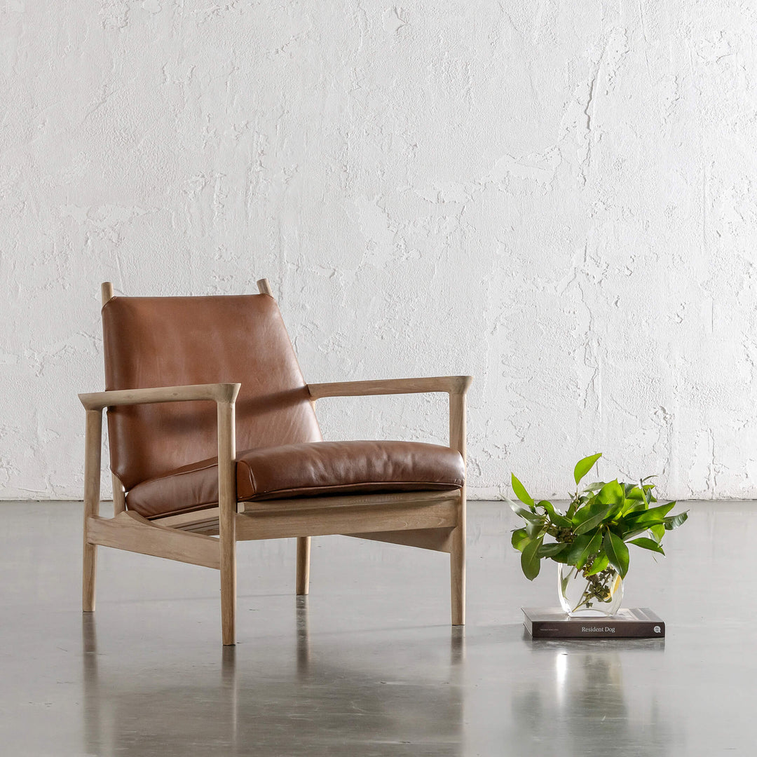 CASONI VINCENZA PADDED ARMCHAIR  |  SMOKE HAZE WASH TEAK + COCOA TAN LEATHER