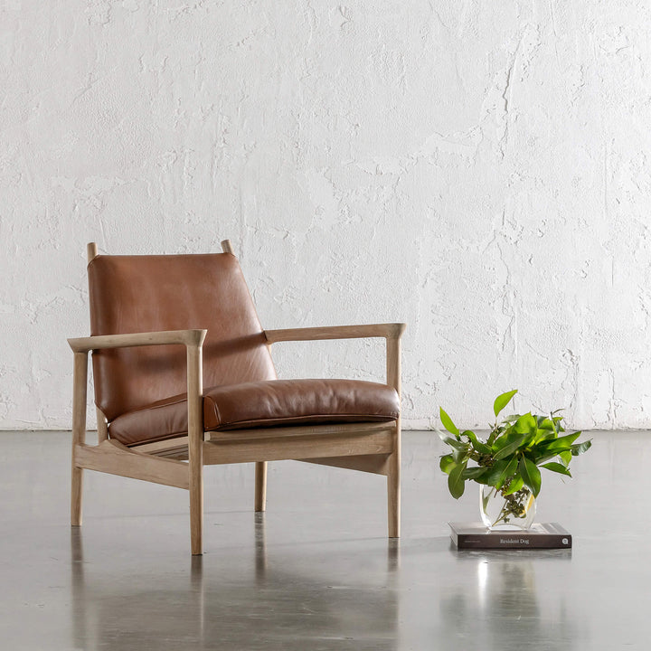 CASONI VINCENZA PADDED ARMCHAIR  |  SMOKE HAZE WASH TEAK + COCOA TAN LEATHER