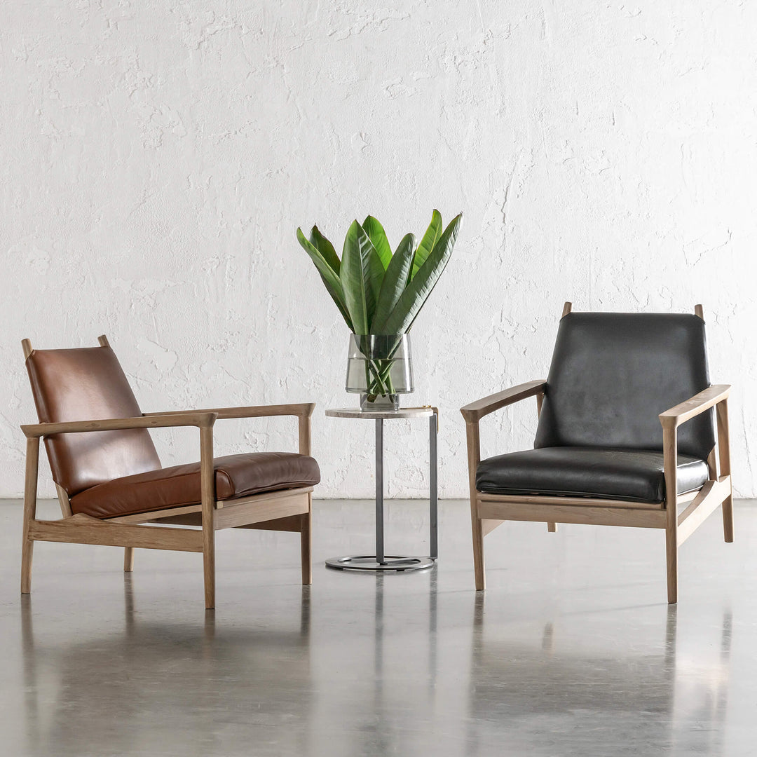 CASONI VINCENZA PADDED ARMCHAIR  |  SMOKE HAZE WASH TEAK + COCOA TAN LEATHER