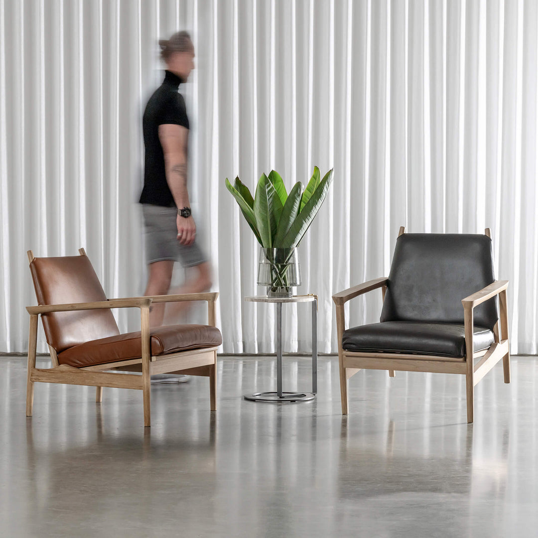 CASONI VINCENZA PADDED ARMCHAIR  |  SMOKE HAZE WASH TEAK + COCOA TAN LEATHER