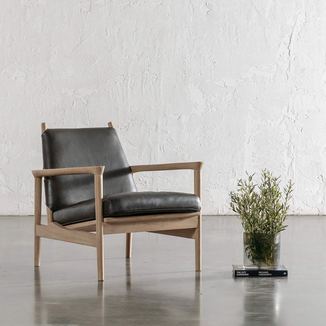 CASONI VINCENZA PADDED ARMCHAIR  |  SMOKE HAZE WASH TEAK + OLIVE LEAF LEATHER