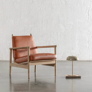 CASONI VINCENZA PADDED ARMCHAIR  |  SMOKE HAZE WASH TEAK + TERRACOTTA DUST LEATHER