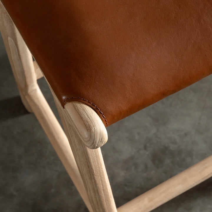 CASONI RECTANGLE COUNTER STOOL  |  SMOKE HAZE WASH TEAK + COCOA TAN LEATHER