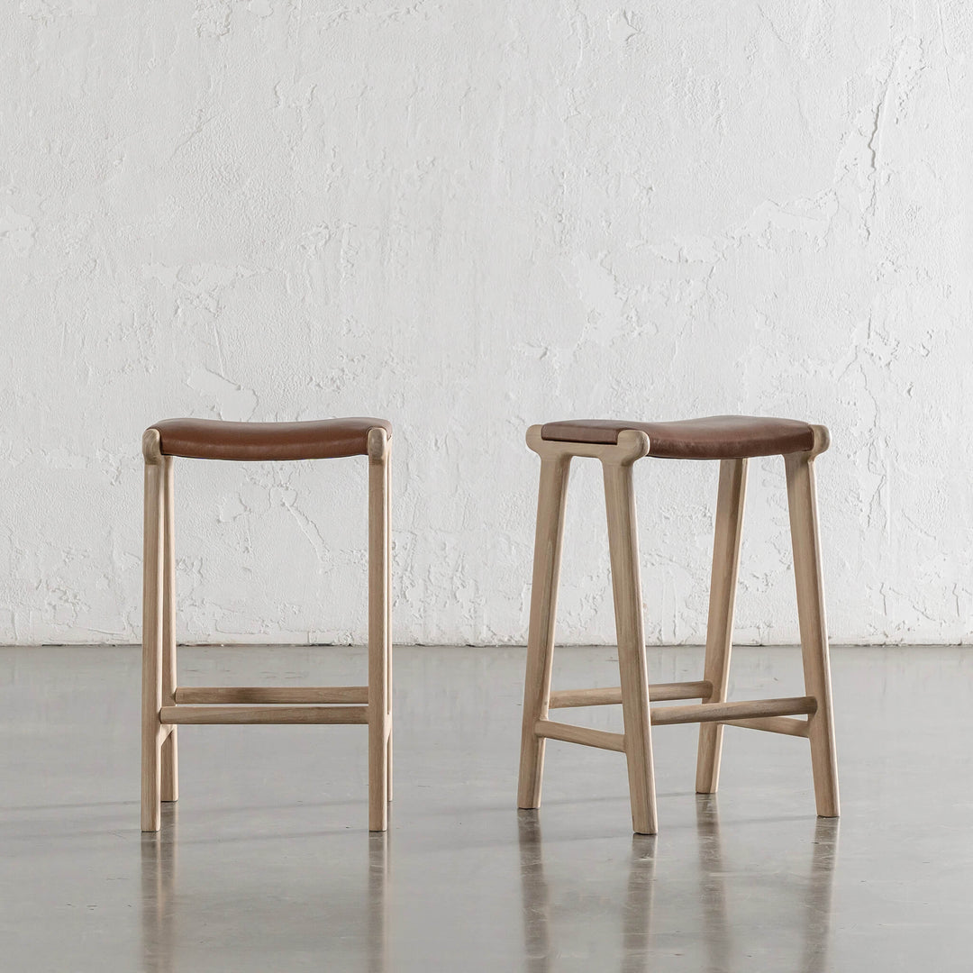 CASONI RECTANGLE COUNTER STOOL  |  SMOKE HAZE WASH TEAK + COCOA TAN LEATHER