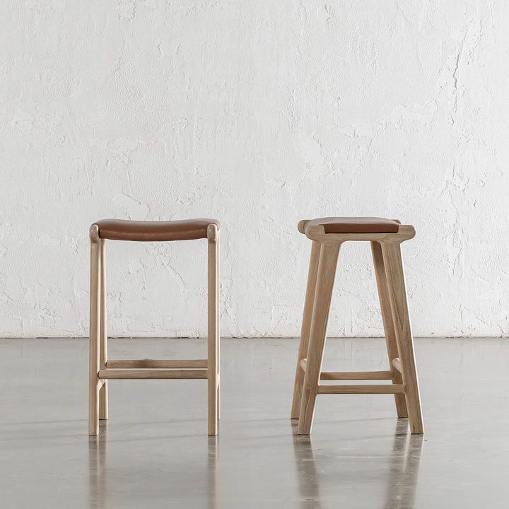 CASONI RECTANGLE COUNTER STOOL  |  SMOKE HAZE WASH TEAK + COCOA TAN LEATHER