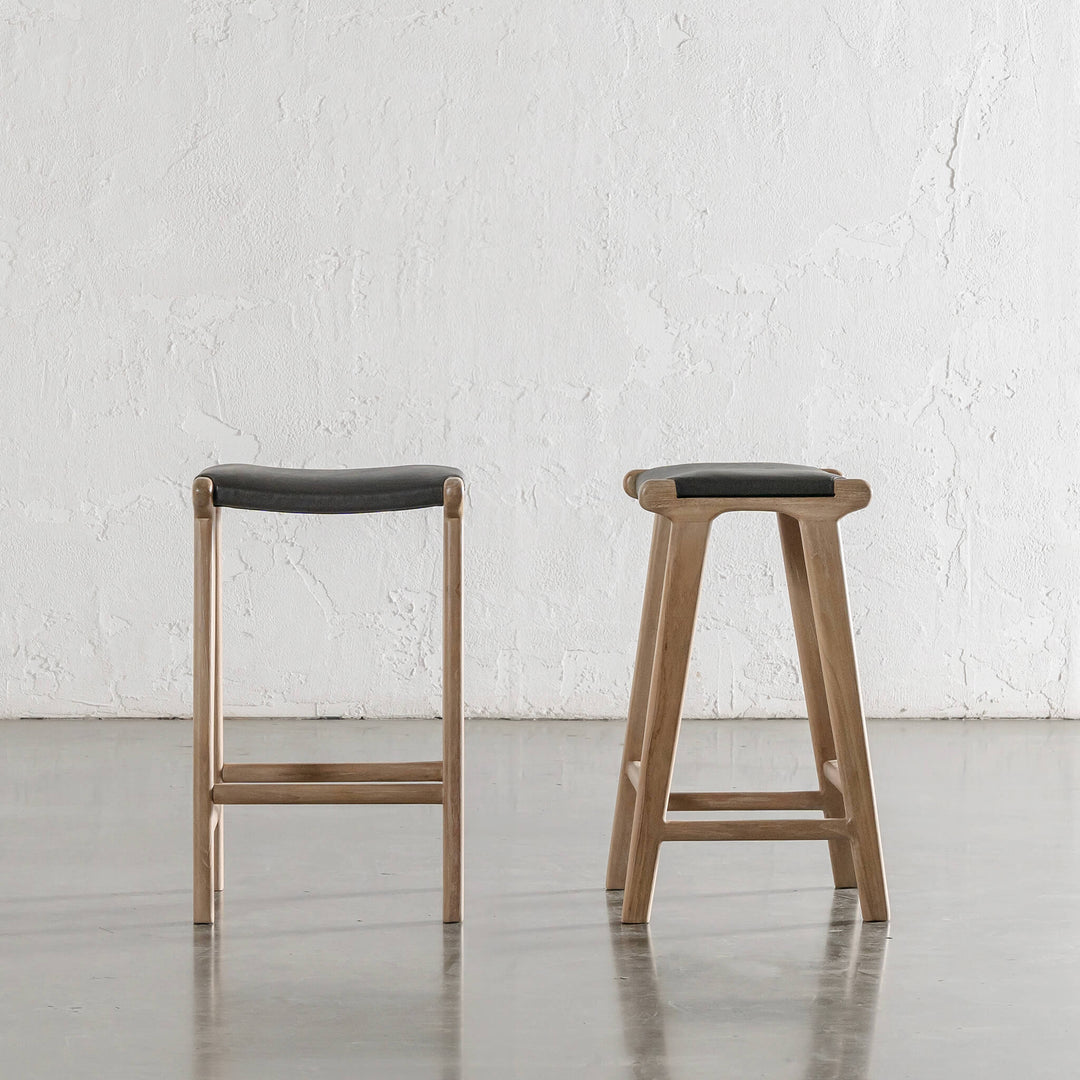 CASONI RECTANGLE COUNTER STOOL  |  SMOKE HAZE WASH TEAK + OLIVE LEAF LEATHER